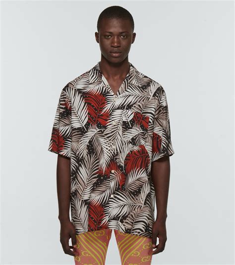 gucci viscose bowling shirt with forest print